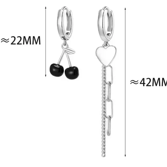 925 Silver Black Cherry & Heart Chain Hoop Earrings - Picture 2 of 9